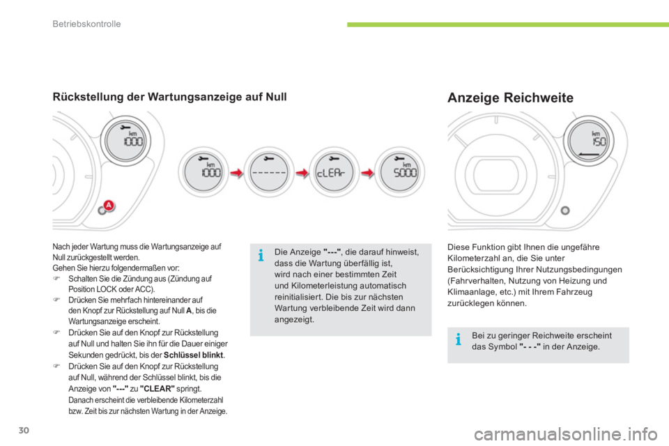 CITROEN C-ZERO 2011  Betriebsanleitungen (in German) i
i
Betriebskontrolle
30
  Diese Funktion gibt Ihnen die ungefähre 
Kilometerzahl an, die Sie unter Berücksichtigung Ihrer Nutzungsbedingungen (Fahrverhalten, Nutzung von Heizung und 
Klimaanlage, e