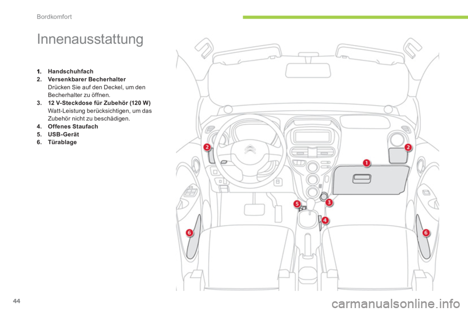 CITROEN C-ZERO 2011  Betriebsanleitungen (in German) Bordkomfort
44
   
 
 
 
 
 
 
 
 
 
 
 
 
 
 
 
 
 
 
 
Innenausstattung 
Handschuhfach2.Versenkbarer BecherhalterDrücken Sie auf den Deckel, um den 
Becherhalter zu öffnen. 3.12 V-Steckdose für Z