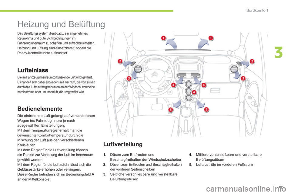 CITROEN C-ZERO 2011  Betriebsanleitungen (in German) 3
Bordkomfort
47
   
 
 
 
 
 
 
 
Heizung und Belüftung 
 
Die im Fahrzeuginnenraum zirkulierende Luft wird gefiltert.
Es handelt sich dabei entweder um Frischluft, die von außen 
durch das Luftein