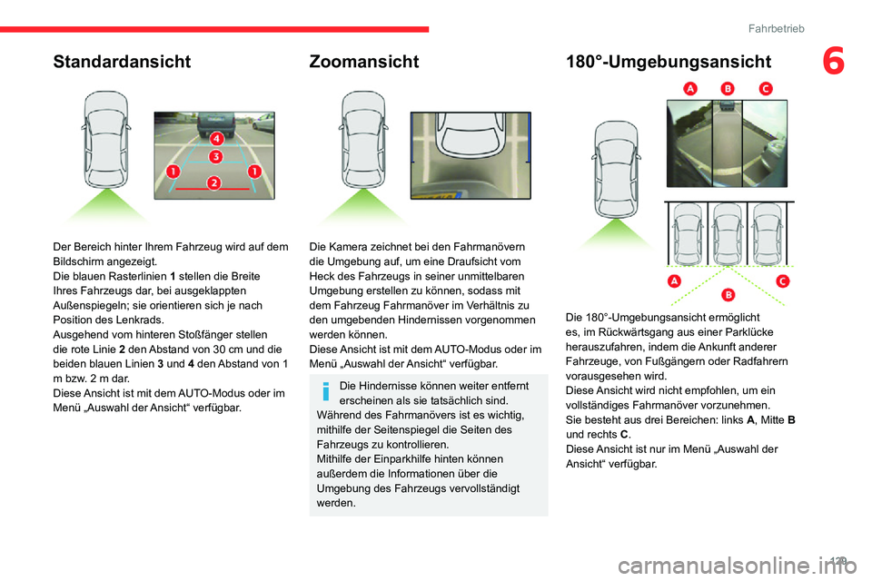 CITROEN C3 AIRCROSS 2021 Betriebsanleitungen (in German) 129
Fahrbetrieb
6Standardansicht
Der Bereich hinter Ihrem Fahrzeug wird auf dem
Bildschirm angezeigt.
Die blauen Rasterlinien 1 stellen die Breite
Ihres Fahrzeugs dar, bei ausgeklappten
Außensp CITROEN C3 AIRCROSS 2021 Betriebsanleitungen (in German) 129
Fahrbetrieb
6Standardansicht
Der Bereich hinter Ihrem Fahrzeug wird auf dem
Bildschirm angezeigt.
Die blauen Rasterlinien 1 stellen die Breite
Ihres Fahrzeugs dar, bei ausgeklappten
Außensp
