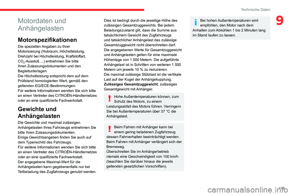CITROEN C3 AIRCROSS 2021 Betriebsanleitungen (in German) 175
Technische Daten
9Motordaten und
Anhängelasten
Motorspezifikationen
Die speziellen Angaben zu Ihrer
Motorisierung (Hubraum, Höchstleistung,
Drehzahl bei Höchstleistung, Kraftstoffart,
CO
2- CITROEN C3 AIRCROSS 2021 Betriebsanleitungen (in German) 175
Technische Daten
9Motordaten und
Anhängelasten
Motorspezifikationen
Die speziellen Angaben zu Ihrer
Motorisierung (Hubraum, Höchstleistung,
Drehzahl bei Höchstleistung, Kraftstoffart,
CO
2-