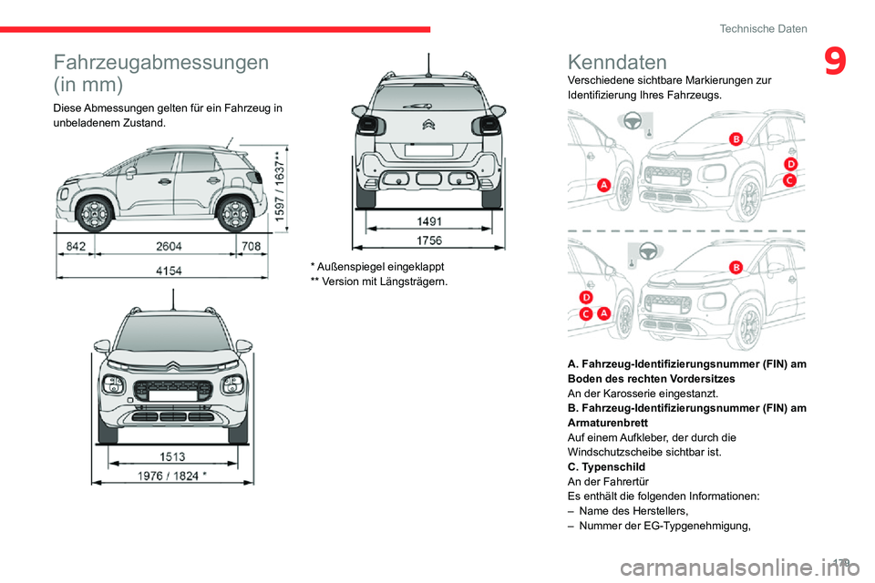 CITROEN C3 AIRCROSS 2021  Betriebsanleitungen (in German) 179
Technische Daten
9Fahrzeugabmessungen 
(in mm)
Diese Abmessungen gelten für ein Fahrzeug in 
unbeladenem Zustand.
 
 
* Außenspiegel  eingeklappt
** Version mit Längsträgern.
KenndatenVerschie