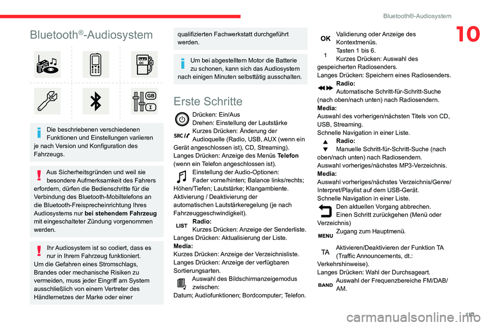 CITROEN C3 AIRCROSS 2021  Betriebsanleitungen (in German) 181
Bluetooth®-Audiosystem
10Bluetooth®-Audiosystem 
 
Die beschriebenen verschiedenen 
Funktionen und Einstellungen variieren 
je nach Version und Konfiguration des 
Fahrzeugs.
Aus Sicherheitsgrün