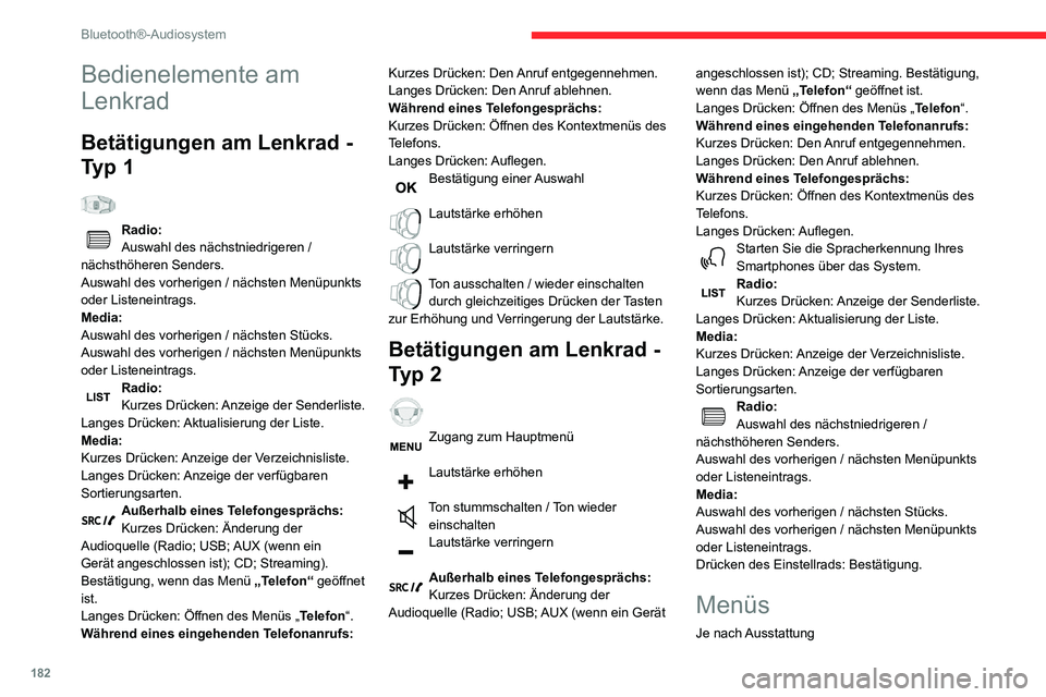 CITROEN C3 AIRCROSS 2021  Betriebsanleitungen (in German) 182
Bluetooth®-Audiosystem
„Multimedia“: Parameter Medien, 
Parameter Radio.
„Telefon“: Anrufen, Parametrierung des 
Verzeichnisses, Parametrierung des 
Telefons, Auflegen.
„Bordcomputer“