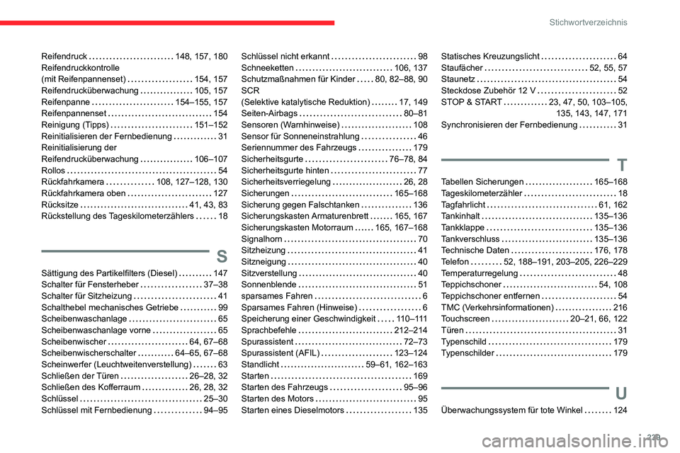 CITROEN C3 AIRCROSS 2021  Betriebsanleitungen (in German) 239
Stichwortverzeichnis
Reifendruck   148, 157, 180Reifendruckkontrolle  (mit Reifenpannenset)   154, 157Reifendrucküberwachung   105, 157Reifenpanne   154–155, 157Reifenpannenset   154Reinigung (