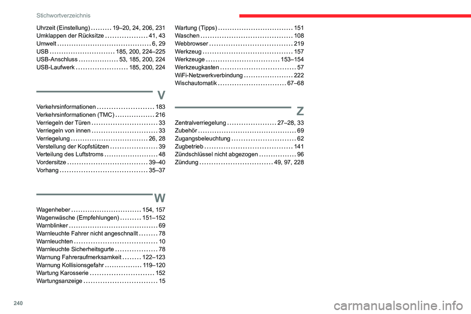 CITROEN C3 AIRCROSS 2021  Betriebsanleitungen (in German) 240
Stichwortverzeichnis
Uhrzeit (Einstellung)   19–20, 24, 206, 231Umklappen der Rücksitze   41, 43Umwelt   6, 29USB   185, 200, 224–225USB-Anschluss   53, 185, 200, 224USB-Laufwerk   185, 200, 