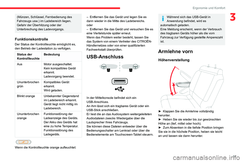 CITROEN C3 AIRCROSS 2021 Betriebsanleitungen (in German) 53
Ergonomie und Komfort
3(Münzen, Schlüssel, Fernbedienung des
Fahrzeugs usw.) im Ladebereich liegen.
Gefahr der Überhitzung oder der
Unterbrechung des Ladevorgangs.
Funktionskontrolle
Der Stat CITROEN C3 AIRCROSS 2021 Betriebsanleitungen (in German) 53
Ergonomie und Komfort
3(Münzen, Schlüssel, Fernbedienung des
Fahrzeugs usw.) im Ladebereich liegen.
Gefahr der Überhitzung oder der
Unterbrechung des Ladevorgangs.
Funktionskontrolle
Der Stat