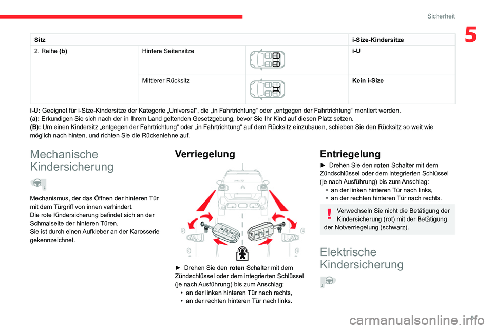 CITROEN C3 AIRCROSS 2021 Betriebsanleitungen (in German) 91
Sicherheit
5Sitzi-Size-Kindersitze
2. Reihe (b) Hintere Seitensitze
i-U
Mittlerer Rücksitz
Kein i-Size
i-U: Geeignet für i-Size-Kindersitze der Kategorie „Universal“, die\
„in Fahrt CITROEN C3 AIRCROSS 2021 Betriebsanleitungen (in German) 91
Sicherheit
5Sitzi-Size-Kindersitze
2. Reihe (b) Hintere Seitensitze
i-U
Mittlerer Rücksitz
Kein i-Size
i-U: Geeignet für i-Size-Kindersitze der Kategorie „Universal“, die\
„in Fahrt
