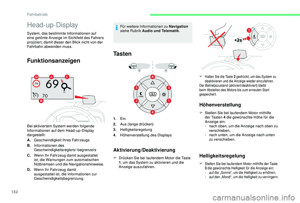 CITROEN C3 AIRCROSS 2019  Betriebsanleitungen (in German) 132
Head-up-Display
System, das bestimmte Informationen auf 
eine getönte Anzeige im Sichtfeld des Fahrers 
projiziert, damit dieser den Blick nicht von der 
Fahrbahn abwenden muss.
Funktionsanzeigen