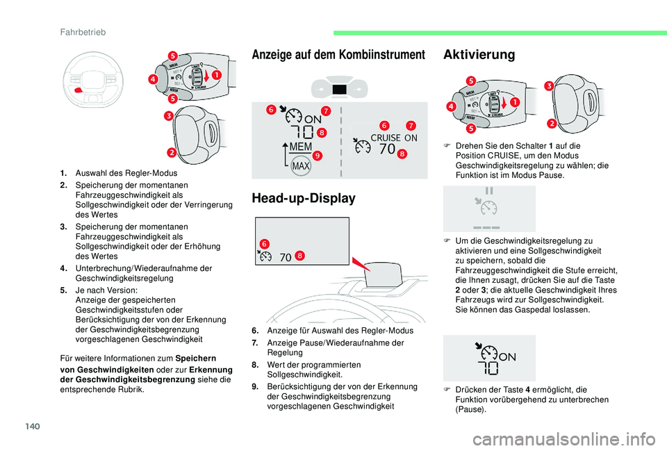 CITROEN C3 AIRCROSS 2019 Betriebsanleitungen (in German) 140
F Drehen Sie den Schalter 1 auf die Position CRUISE, um den Modus
Geschwindigkeitsregelung zu wählen; die
Funktion ist im Modus Pause.
von Geschwindigkeiten oder zur Erkennung
der Geschwindigk CITROEN C3 AIRCROSS 2019 Betriebsanleitungen (in German) 140
F Drehen Sie den Schalter 1 auf die Position CRUISE, um den Modus
Geschwindigkeitsregelung zu wählen; die
Funktion ist im Modus Pause.
von Geschwindigkeiten oder zur Erkennung
der Geschwindigk