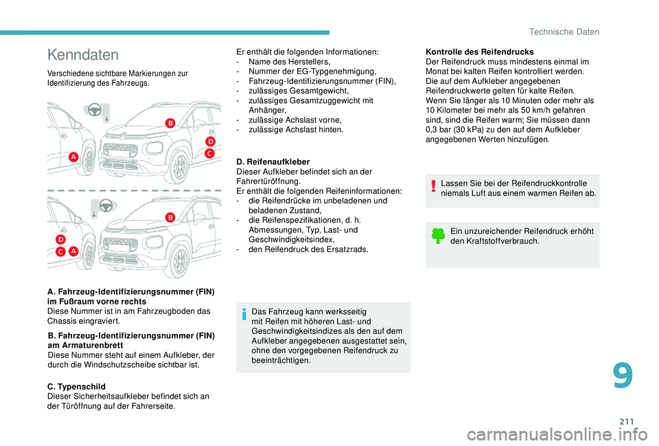CITROEN C3 AIRCROSS 2019 Betriebsanleitungen (in German) 211
Kontrolle des Reifendrucks
Der Reifendruck muss mindestens einmal im
Monat bei kalten Reifen kontrolliert werden.
Die auf dem Aufkleber angegebenen
Reifendruckwerte gelten für kalte Reifen.
We CITROEN C3 AIRCROSS 2019 Betriebsanleitungen (in German) 211
Kontrolle des Reifendrucks
Der Reifendruck muss mindestens einmal im
Monat bei kalten Reifen kontrolliert werden.
Die auf dem Aufkleber angegebenen
Reifendruckwerte gelten für kalte Reifen.
We