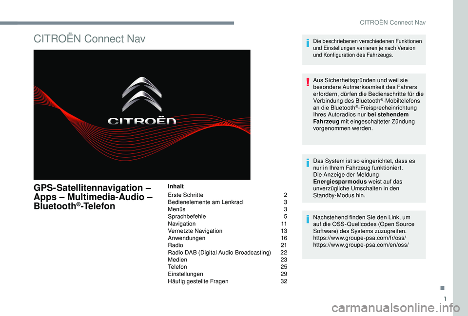 CITROEN C3 AIRCROSS 2019 Betriebsanleitungen (in German) 1
CITROËN Connect Nav
GPS-Satellitennavigation –
Apps – Multimedia-Audio –
Bluetooth
®-Telefon
Inhalt
Erste Schritte
2
B
edienelemente am Lenkrad
3
M
enüs
3
Sp
rachbefehle
5
Navig CITROEN C3 AIRCROSS 2019 Betriebsanleitungen (in German) 1
CITROËN Connect Nav
GPS-Satellitennavigation –
Apps – Multimedia-Audio –
Bluetooth
®-Telefon
Inhalt
Erste Schritte
2
B
edienelemente am Lenkrad
3
M
enüs
3
Sp
rachbefehle
5
Navig