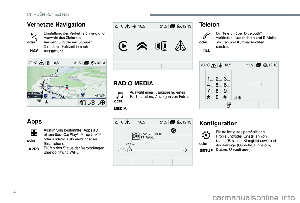 CITROEN C3 AIRCROSS 2019  Betriebsanleitungen (in German) 4
12:13
18,5 21,5
23 °C
FM/87.5 MHz
87.5MHz
12:13
18,5 21,5
23 °C
12:13
18,5 21,5
23 °C
12:13
18,5 21,5
23 °C
Vernetzte Navigation
 
oder  Einstellung der Verkehrsführung und 
Auswahl des Zielort