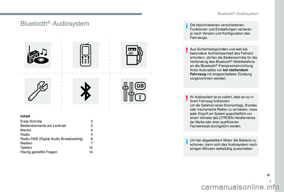CITROEN C3 AIRCROSS 2019 Betriebsanleitungen (in German) 1
Bluetooth®-Audiosystem
Inhalt
Erste Schritte
2
B
edienelemente am Lenkrad
2
M
enüs
4
R
adio 4
Radio DAB (Digital Audio Broadcasting)
6
M
edien
7
Telefon
10
Häufig gestellte Frag CITROEN C3 AIRCROSS 2019 Betriebsanleitungen (in German) 1
Bluetooth®-Audiosystem
Inhalt
Erste Schritte
2
B
edienelemente am Lenkrad
2
M
enüs
4
R
adio 4
Radio DAB (Digital Audio Broadcasting)
6
M
edien
7
Telefon
10
Häufig gestellte Frag