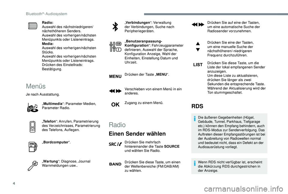 CITROEN C3 AIRCROSS 2019 Betriebsanleitungen (in German) 4
Radio:
Auswahl des nächstniedrigeren/
nächsthöheren Senders.
Auswahl des vorherigen/nächsten
Menüpunkts oder Listeneintrags.
Media:
Auswahl des vorherigen/nächsten
Stücks.
Auswahl des vorhe CITROEN C3 AIRCROSS 2019 Betriebsanleitungen (in German) 4
Radio:
Auswahl des nächstniedrigeren/
nächsthöheren Senders.
Auswahl des vorherigen/nächsten
Menüpunkts oder Listeneintrags.
Media:
Auswahl des vorherigen/nächsten
Stücks.
Auswahl des vorhe