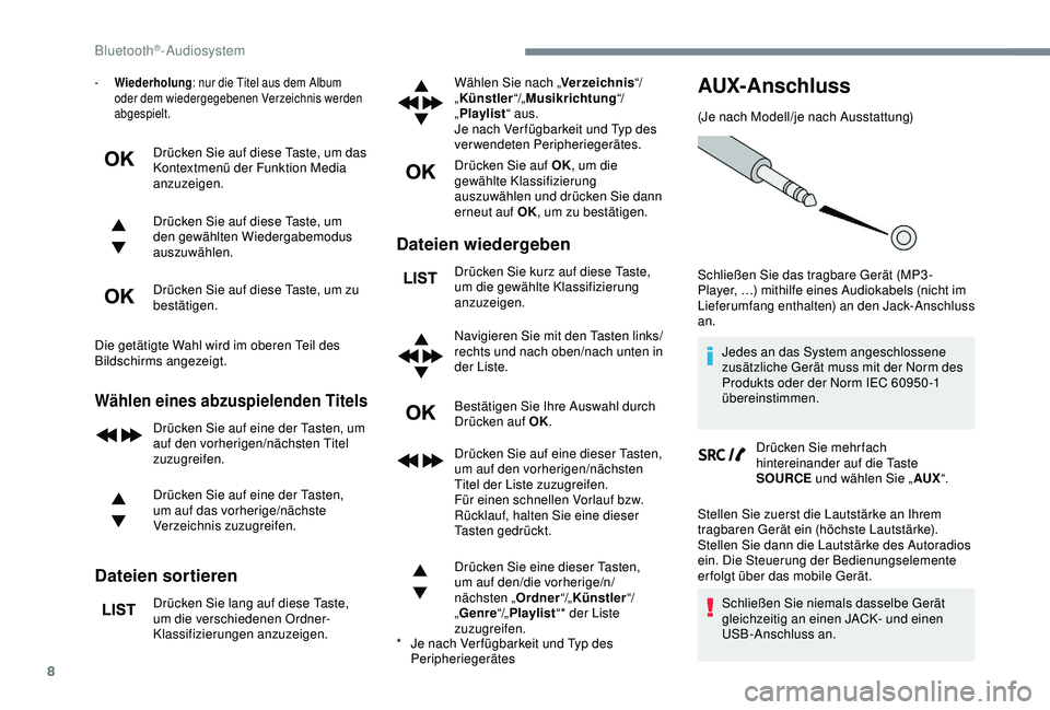 CITROEN C3 AIRCROSS 2019 Betriebsanleitungen (in German) 8
- Wiederholung: nur die Titel aus dem Album
oder dem wiedergegebenen Verzeichnis werden
abgespielt.
Drücken Sie auf diese Taste, um das
Kontextmenü der Funktion Media
anzuzeigen.
Drücken Sie CITROEN C3 AIRCROSS 2019 Betriebsanleitungen (in German) 8
- Wiederholung: nur die Titel aus dem Album
oder dem wiedergegebenen Verzeichnis werden
abgespielt.
Drücken Sie auf diese Taste, um das
Kontextmenü der Funktion Media
anzuzeigen.
Drücken Sie