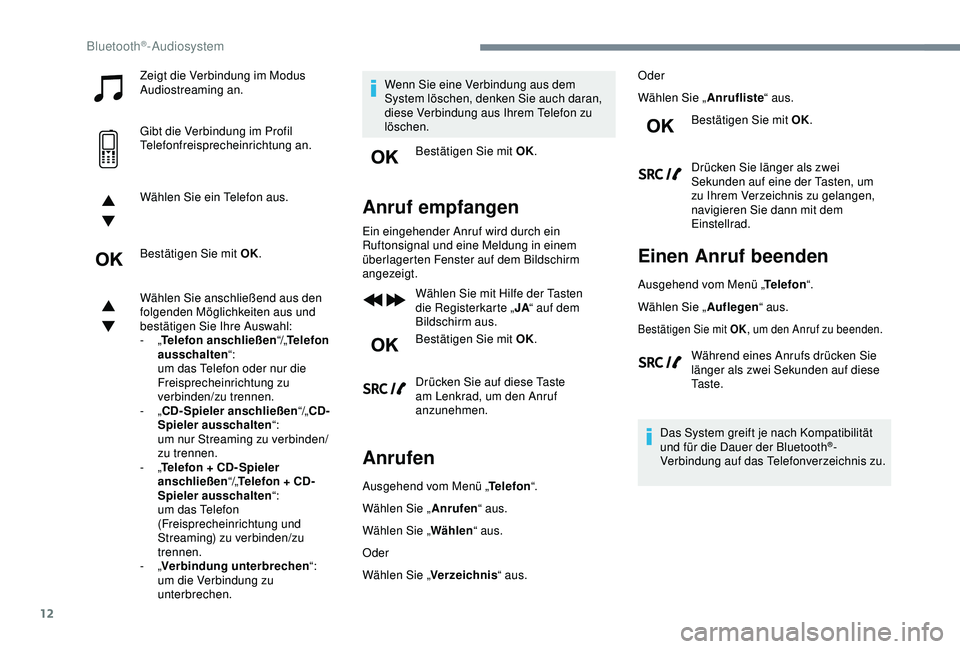 CITROEN C3 AIRCROSS 2019 Betriebsanleitungen (in German) 12
Zeigt die Verbindung im Modus
Audiostreaming an.
Gibt die Verbindung im Profil
Telefonfreisprecheinrichtung an.
Wählen Sie ein Telefon aus.
Bestätigen Sie mit OK.
Wählen Sie anschließend aus CITROEN C3 AIRCROSS 2019 Betriebsanleitungen (in German) 12
Zeigt die Verbindung im Modus
Audiostreaming an.
Gibt die Verbindung im Profil
Telefonfreisprecheinrichtung an.
Wählen Sie ein Telefon aus.
Bestätigen Sie mit OK.
Wählen Sie anschließend aus