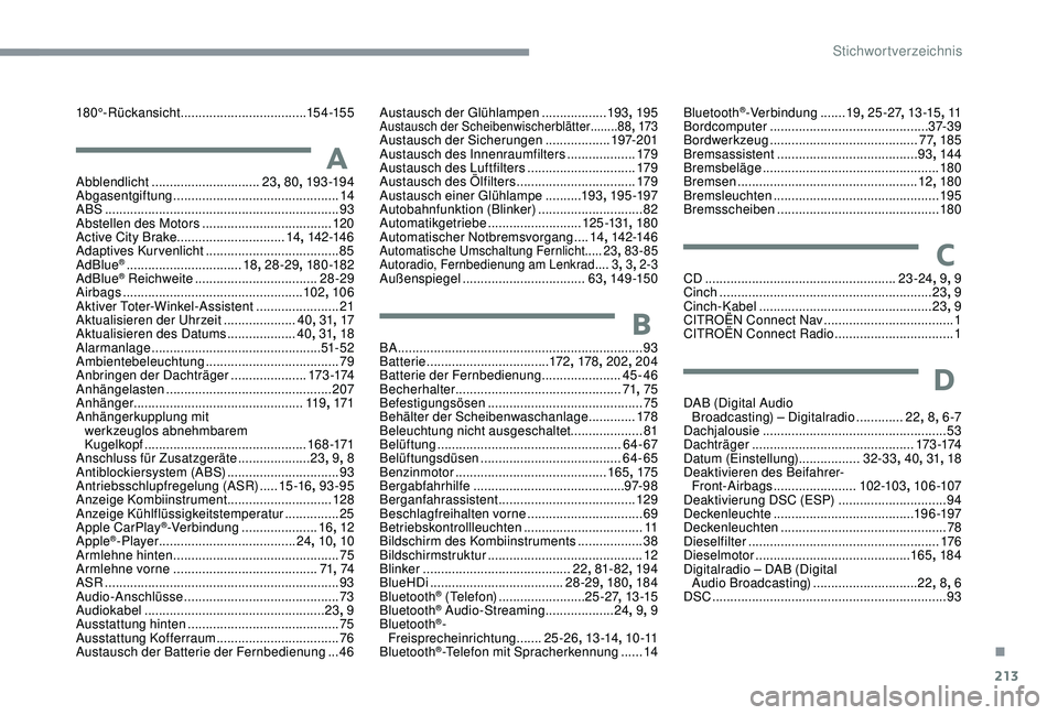 CITROEN C3 AIRCROSS 2019 Betriebsanleitungen (in German) 213
180°-Rückansicht ...................................15 4 -15 5
AAbblendlicht .............................. 23, 80 , 193 -19 4
Abgasentgiftung .............................................. 14
CITROEN C3 AIRCROSS 2019 Betriebsanleitungen (in German) 213
180°-Rückansicht ...................................15 4 -15 5
AAbblendlicht .............................. 23, 80 , 193 -19 4
Abgasentgiftung .............................................. 14