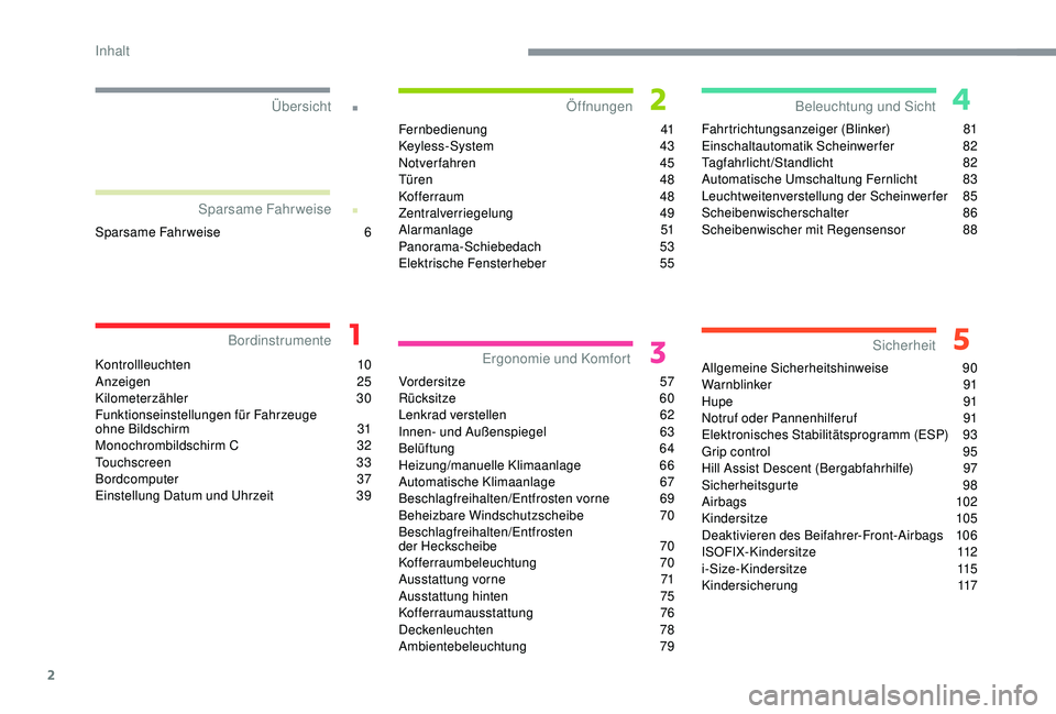 CITROEN C3 AIRCROSS 2019  Betriebsanleitungen (in German) 2
.
.
Kontrollleuchten 10
Anzeigen 2 5
Kilometerzähler
 

30
Funktionseinstellungen für Fahrzeuge 
ohne
 

Bildschirm
 3
 1
Monochrombildschirm C
 3

2
Touchscreen
 3

3
Bordcomputer
 

37
Einstellu