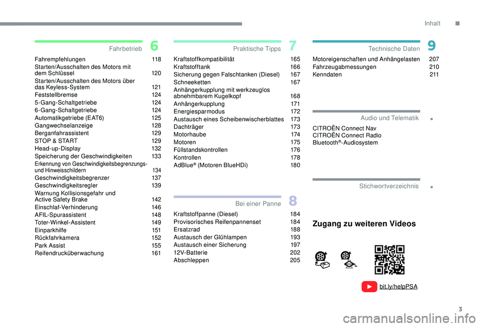 CITROEN C3 AIRCROSS 2019  Betriebsanleitungen (in German) 3
.
.
bit.ly/helpPSA
Fahrempfehlungen 118
Starten/Ausschalten des Motors mit 
dem
  Schlüssel  
1
 20
Starten/Ausschalten des Motors über 
das
  Keyless-System  
1
 21
Feststellbremse
 

124
5-Gang-