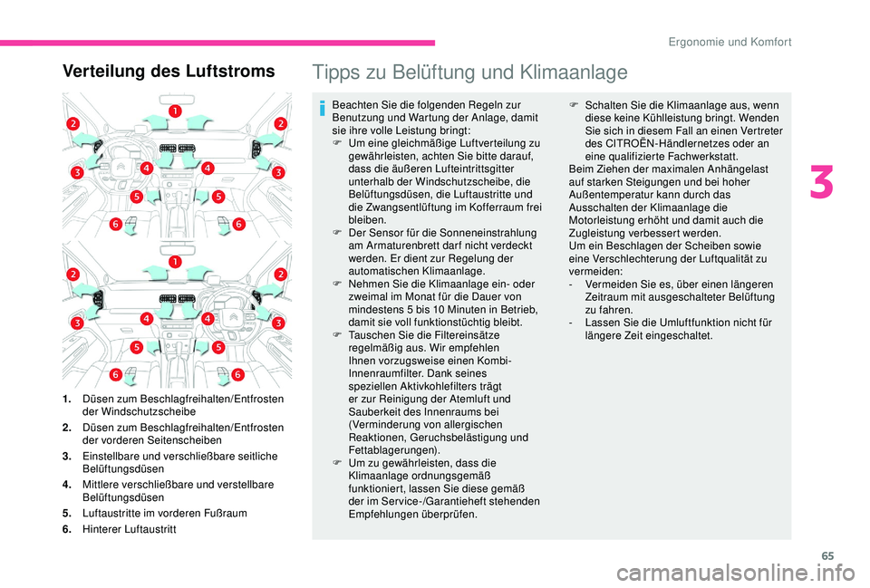 CITROEN C3 AIRCROSS 2019  Betriebsanleitungen (in German) 65
Verteilung des LuftstromsTipps zu Belüftung und Klimaanlage
Beachten Sie die folgenden Regeln zur 
Benutzung und Wartung der Anlage, damit 
sie ihre volle Leistung bringt:
F 
U
 m eine gleichmäß
