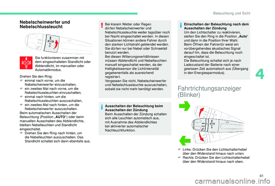 CITROEN C3 AIRCROSS 2019  Betriebsanleitungen (in German) 81
Nebelscheinwerfer und 
Nebelschlussleucht
Sie funktionieren zusammen mit 
dem eingeschalteten Standlicht oder 
Abblendlicht, im manuellen oder 
Automatikmodus.Bei klarem Wetter oder Regen 
dürfen 