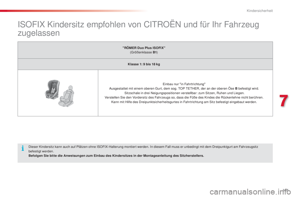 CITROEN C3 PICASSO 2015 Betriebsanleitungen (in German) 103
C3Picasso_de_Chap07_securite-enfants_ed01-2014
isOFiX Kindersitz empfohlen von CitR OËn und für ih r Fahrzeug
zugelassen
"RÖMER Duo Plus ISOFIX"
(gr ößenklasse B1 )
Klasse 1: 9
CITROEN C3 PICASSO 2015 Betriebsanleitungen (in German) 103
C3Picasso_de_Chap07_securite-enfants_ed01-2014
isOFiX Kindersitz empfohlen von CitR OËn und für ih r Fahrzeug
zugelassen
"RÖMER Duo Plus ISOFIX"
(gr ößenklasse B1 )
Klasse 1: 9