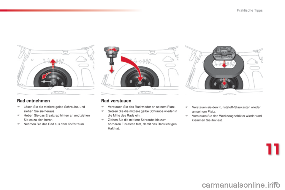 CITROEN C3 PICASSO 2015 Betriebsanleitungen (in German) 157
C3Picasso_de_Chap11_informations-pratiques_ed01-2014
Rad entnehmen
F lösen si e die mittlere gelbe sc hraube, und
ziehen si e sie heraus.
F
H
eben s
i
e das e
r
satzrad hinten an und z CITROEN C3 PICASSO 2015 Betriebsanleitungen (in German) 157
C3Picasso_de_Chap11_informations-pratiques_ed01-2014
Rad entnehmen
F lösen si e die mittlere gelbe sc hraube, und
ziehen si e sie heraus.
F
H
eben s
i
e das e
r
satzrad hinten an und z