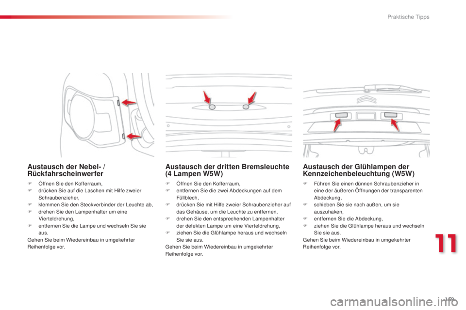 CITROEN C3 PICASSO 2015  Betriebsanleitungen (in German) 169
C3Picasso_de_Chap11_informations-pratiques_ed01-2014
Austausch der Nebel- / 
Rückfahrscheinwerfer
F Öffnen si e den Kofferraum,
F  d rücken  si e auf die  la schen mit Hilfe zweier 
sc

hrauben