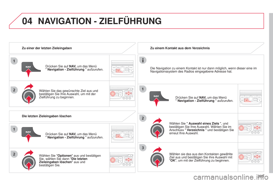 CITROEN C3 PICASSO 2015  Betriebsanleitungen (in German) 04
209
C3Picasso_de_Chap13b_Rt6-2-8_ed01-2014
Zu einer der letzten Zieleingaben
d

rücken  s ie auf N AV, um das Menü  
" Navigation - Zielführung  " aufzurufen.
Wählen 
s ie das gewünsch