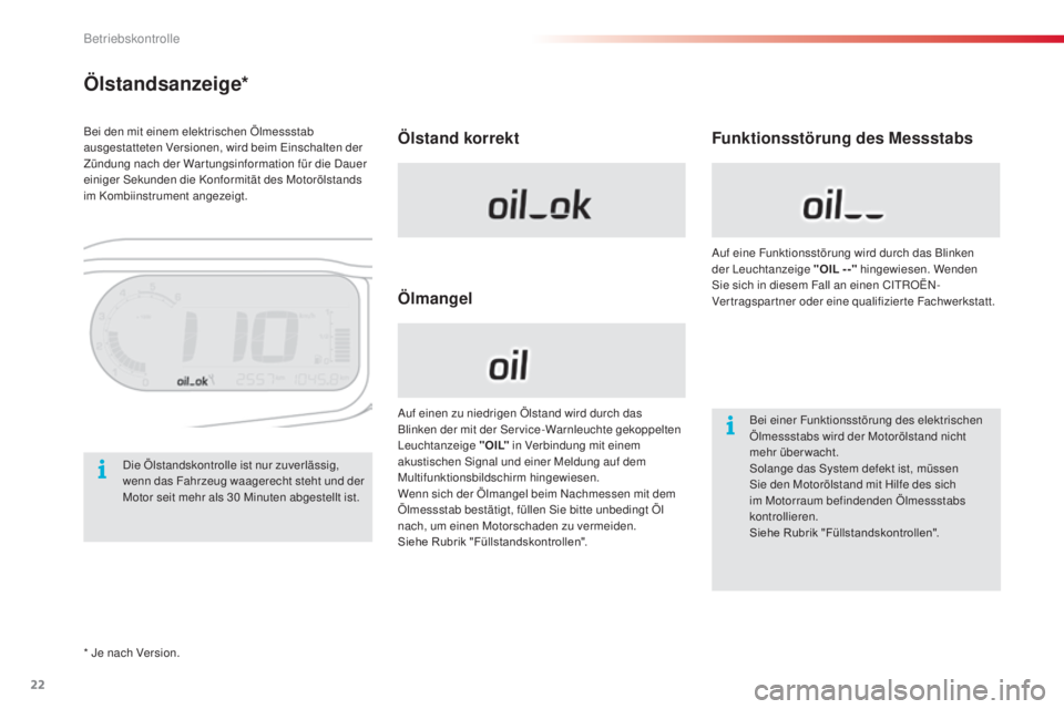 CITROEN C3 PICASSO 2015  Betriebsanleitungen (in German) 22
C3Picasso_de_Chap01_controle-de-marche_ed01-2014
Ölstandsanzeige*
Ölstand korrekt
ÖlmangelFunktionsstörung des Messstabs
Bei einer Funktionsstörung des elektrischen 
Ölmessstabs wird der Moto