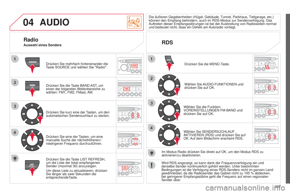 CITROEN C3 PICASSO 2015  Betriebsanleitungen (in German) 04
259
C3Picasso_de_Chap13c_Rd45_ed01_2014
AUDIO
drücken sie mehrfach hintereinander die 
T aste SOURCE und wählen Sie "Radio".
d

rücken  s ie die 
taste B
 and  
ast, um 
einen der folgen