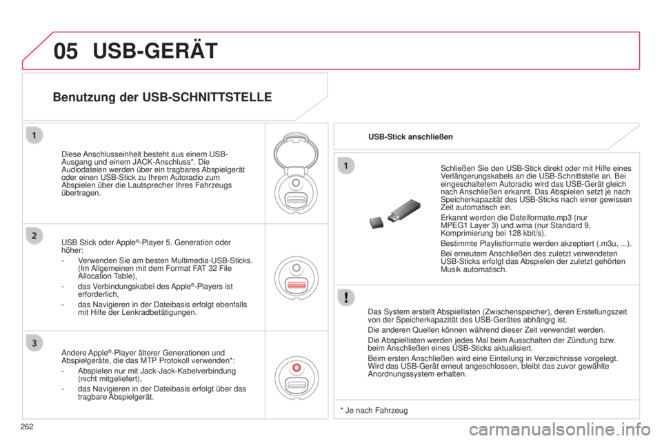 CITROEN C3 PICASSO 2015  Betriebsanleitungen (in German) 05
262
C3Picasso_de_Chap13c_Rd45_ed01_2014
USB-GERäT
das system erstellt abspiellisten (Zwischenspeicher), deren  e rstellungszeit 
von der  s peicherkapazität des  us B- g erätes abhängig ist.
d
