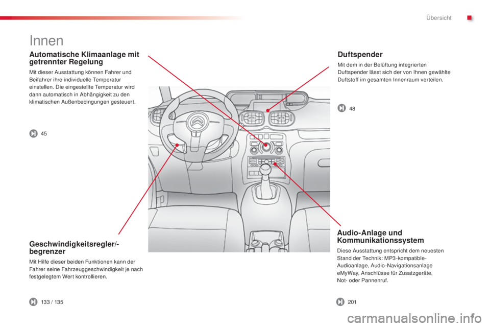 CITROEN C3 PICASSO 2015  Betriebsanleitungen (in German) 5
C3Picasso_de_Chap00b_vue-ensemble_ed01-2014
Automatische Klimaanlage mit 
getrennter Regelung
Mit dieser ausstattung können Fahrer und 
Beifahrer ihre individuelle  te mperatur 
einstellen. 
d
i
 e