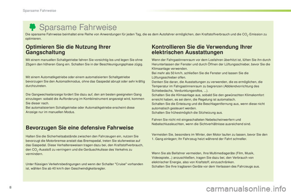 CITROEN C3 PICASSO 2015 Betriebsanleitungen (in German) 8
C3Picasso_de_Chap00c_eco-conduite_ed01-2014
sparsame Fahrweise
Optimieren Sie die Nutzung Ihrer
Gangschaltung
Mit einem manuellen schaltgetriebe fahren si e vorsichtig los und legen si e ohne
ZÃ CITROEN C3 PICASSO 2015 Betriebsanleitungen (in German) 8
C3Picasso_de_Chap00c_eco-conduite_ed01-2014
sparsame Fahrweise
Optimieren Sie die Nutzung Ihrer
Gangschaltung
Mit einem manuellen schaltgetriebe fahren si e vorsichtig los und legen si e ohne
ZÃ