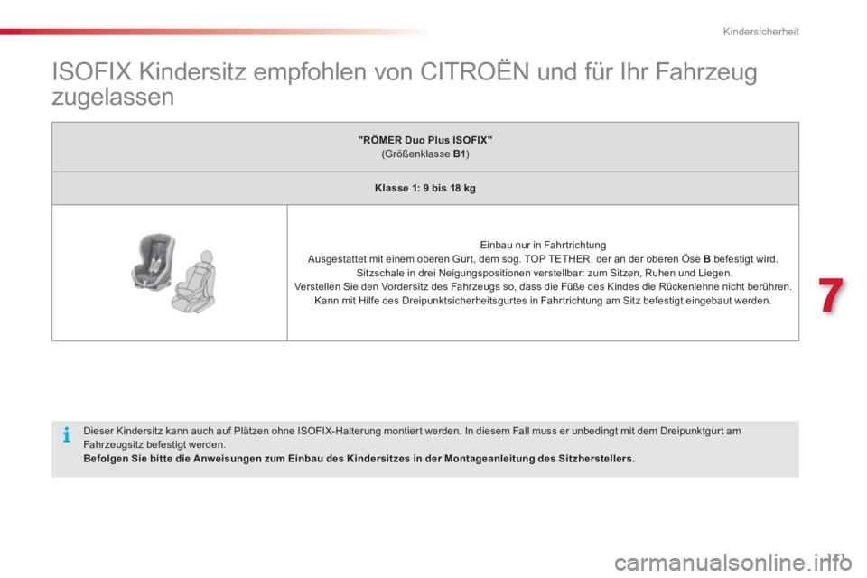 CITROEN C3 PICASSO 2014 Betriebsanleitungen (in German) 7
Kindersicherheit
111
ISOFIX Kindersitz empfohlen von CITROËN und für Ihr Fahrzeug
zugelassen
"RÖMER Duo Plus ISOFIX"(Größenklasse B1 )
Klasse 1: 9 bis 18 CITROEN C3 PICASSO 2014 Betriebsanleitungen (in German) 7
Kindersicherheit
111
ISOFIX Kindersitz empfohlen von CITROËN und für Ihr Fahrzeug
zugelassen
"RÖMER Duo Plus ISOFIX"(Größenklasse B1 )
Klasse 1: 9 bis 18