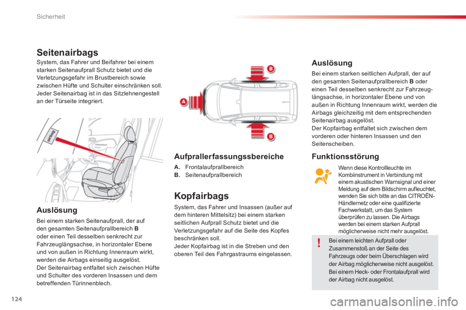 CITROEN C3 PICASSO 2014  Betriebsanleitungen (in German) Sicherheit
124
Seitenairbags
   
Auslösung 
Bei einem starken Seitenaufprall, der auf 
den gesamten Seitenaufprallbereich Boder einen Teil desselben senkrecht zur 
Fahr zeuglängsachse, in horizontal