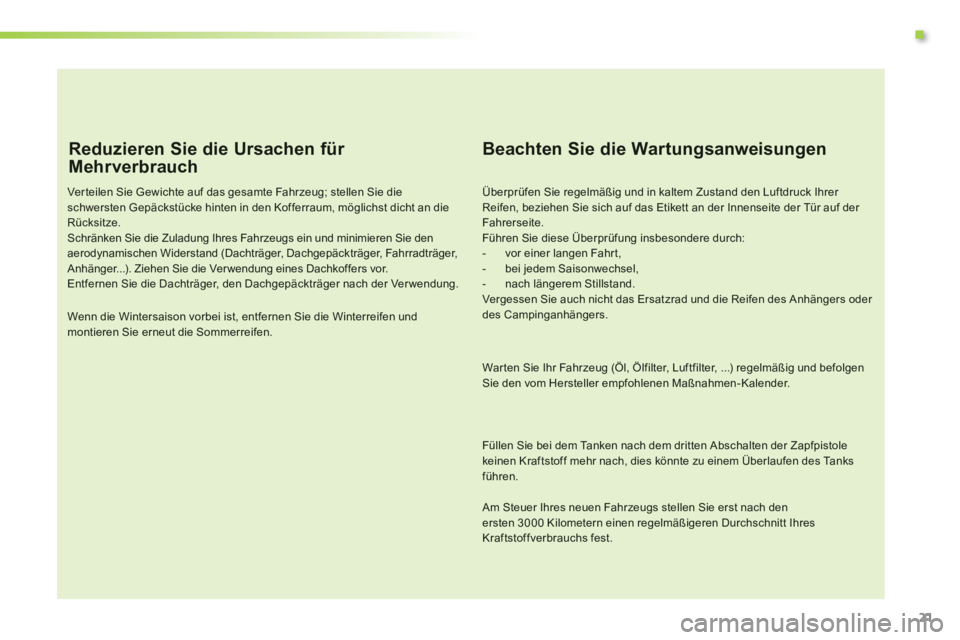 CITROEN C3 PICASSO 2014  Betriebsanleitungen (in German) .
21
   
Reduzieren Sie die Ursachen für 
Mehrverbrauch 
Ver teilen Sie Gewichte auf das gesamte Fahrzeug; stellen Sie dieschwersten Gepäckstücke hinten in den Kofferraum, möglichst dicht an die R