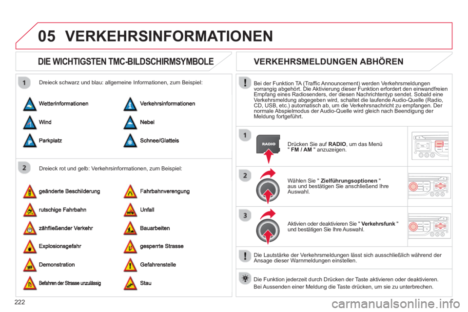 CITROEN C3 PICASSO 2014 Betriebsanleitungen (in German) 222
05VERKEHRSINFORMATIONEN
DIE WICHTIGSTEN TMC-BILDSCHIRMSYMBOLE
Dreieck rot und gelb: Verkehrsinformationen, zum Beispiel:
Dreieck schwarz und blau: all
gemeine Informationen, zum Beispie CITROEN C3 PICASSO 2014 Betriebsanleitungen (in German) 222
05VERKEHRSINFORMATIONEN
DIE WICHTIGSTEN TMC-BILDSCHIRMSYMBOLE
Dreieck rot und gelb: Verkehrsinformationen, zum Beispiel:
Dreieck schwarz und blau: all
gemeine Informationen, zum Beispie