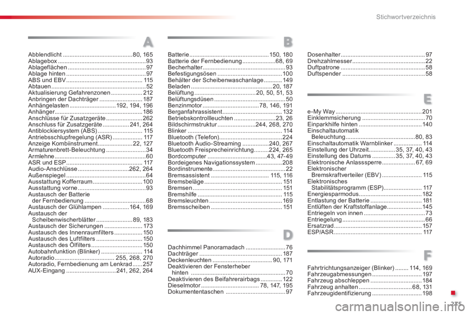 CITROEN C3 PICASSO 2014 Betriebsanleitungen (in German) .
275 Stichwortverzeichnis
Abblendlicht ..........................................80,165Ablagebox.....................................................93Ablageflächen ................................. CITROEN C3 PICASSO 2014 Betriebsanleitungen (in German) .
275 Stichwortverzeichnis
Abblendlicht ..........................................80,165Ablagebox.....................................................93Ablageflächen .................................