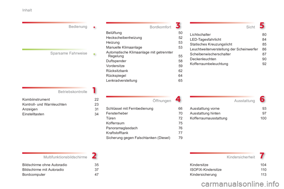 CITROEN C3 PICASSO 2014  Betriebsanleitungen (in German) .
.
Inhalt
Kindersitze 104
ISOFIX-Kindersitze 110
Kindersicherung 113
Kindersicherheit
Kombiinstrument 22
Kontroll- und Warnleuchten 23
Anzeigen 31
Einstelltasten 34
BetriebskontrolleBedienung
Bildsch