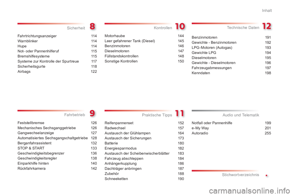 CITROEN C3 PICASSO 2014  Betriebsanleitungen (in German) .
Inhalt
Fahr trichtungsanzeiger 114
Warnblinker 114
Hupe 114
N
ot- oder Pannenhilferuf 115
Bremshilfesysteme 115
Systeme zur Kontrolle der Spurtreue 117
Sicherheitsgurte 118
Airbags 122
Sicherheit
Fe