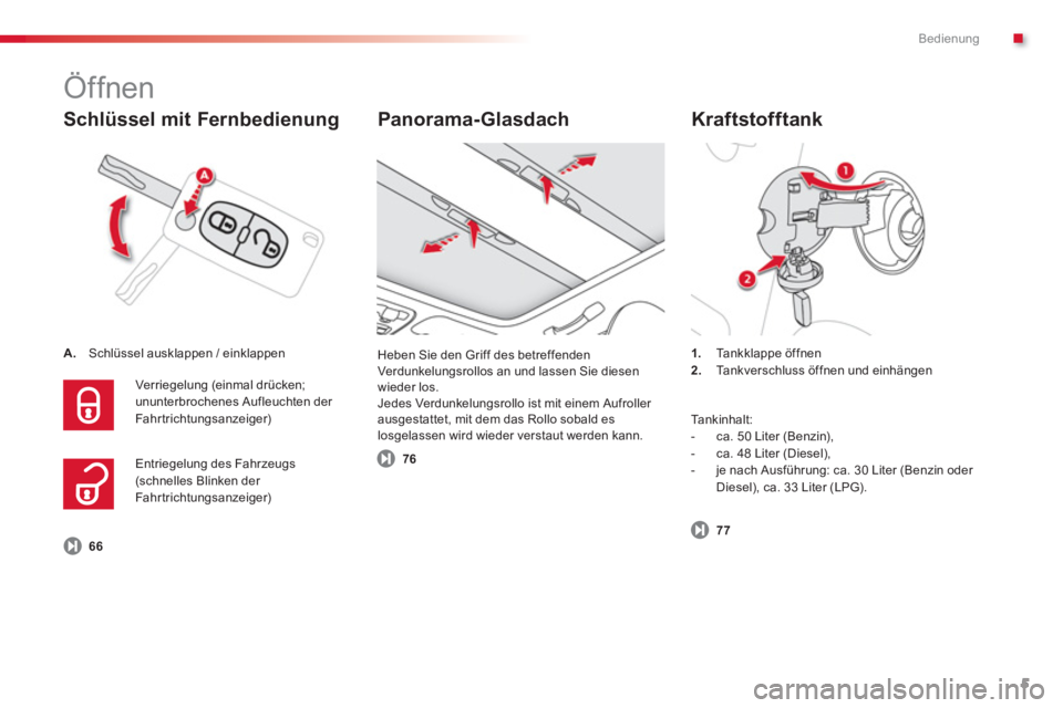 CITROEN C3 PICASSO 2014  Betriebsanleitungen (in German) .Bedienung
5
   
Schlüssel mit Fernbedienung 
A. 
 Schlüssel ausklappen / einklappen
   
 
Ver r iegelung 
(einmal drücken; ununterbrochenes Aufleuchten der 
Fahr trichtungsanzeiger)
   
Panorama- 