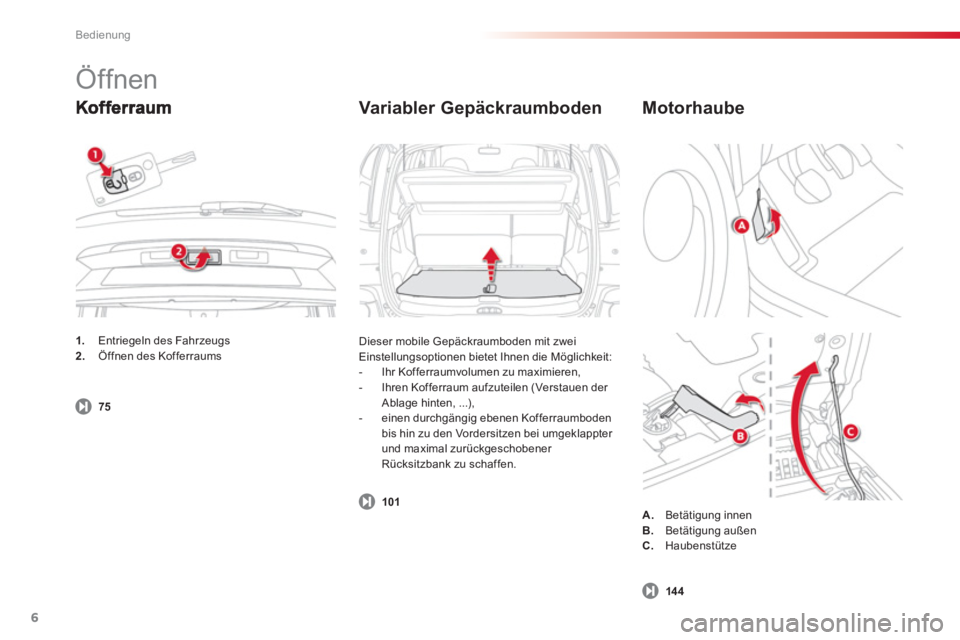 CITROEN C3 PICASSO 2014  Betriebsanleitungen (in German) Bedienung
6
   Variabler Gepäckraumboden 
 
Dieser mobile Gepäckraumboden mit zwei Einstellungsoptionen bietet Ihnen die Möglichkeit:
   
 
-   Ihr Kofferraumvolumen zu maximieren,
   
-  Ihren Ko
