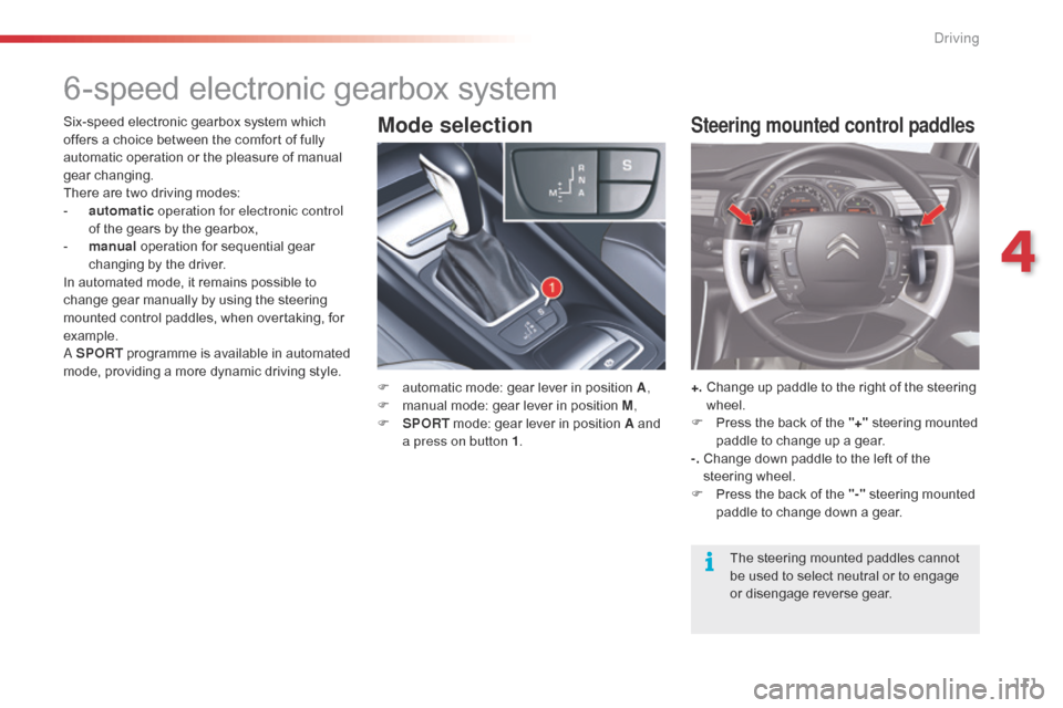 Citroen C5 RHD 2014.5 (RD/TD) / 2.G User Guide 111
6-speed electronic gearbox system
F automatic mode: gear lever in position A,
F m anual mode: gear lever in position M ,
F
S
PORT mode: gear lever in position A and
a press on button 1 .
Six Citroen C5 RHD 2014.5 (RD/TD) / 2.G User Guide 111
6-speed electronic gearbox system
F automatic mode: gear lever in position A,
F m anual mode: gear lever in position M ,
F
S
PORT mode: gear lever in position A and
a press on button 1 .
Six