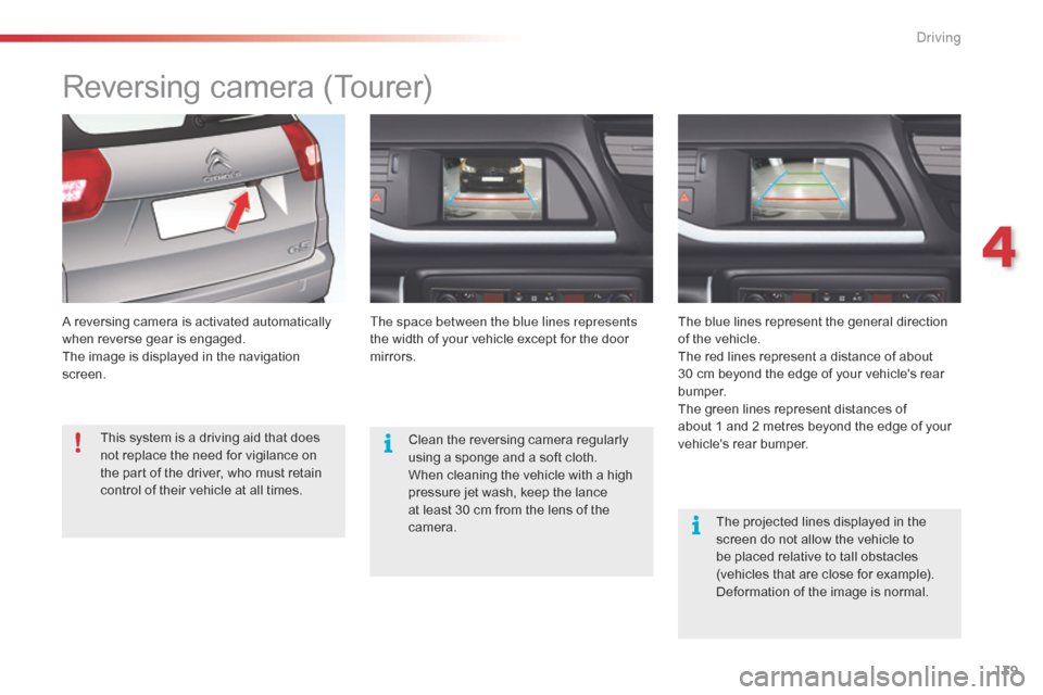 Citroen C5 RHD 2014.5 (RD/TD) / 2.G Owners Manual 139
Reversing camera (Tourer)
A reversing camera is activated automatically 
when reverse gear is engaged.
The image is displayed in the navigation 
screen.The space between the blue lines represents 