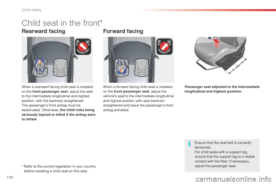 Citroen C5 RHD 2014.5 (RD/TD) / 2.G Owners Manual 170
Rearward facingForward facing
Child seat in the front*
Ensure that the seat belt is correctly 
tensioned.
For child seats with a support leg, 
ensure that the support leg is in stable 
contact wit