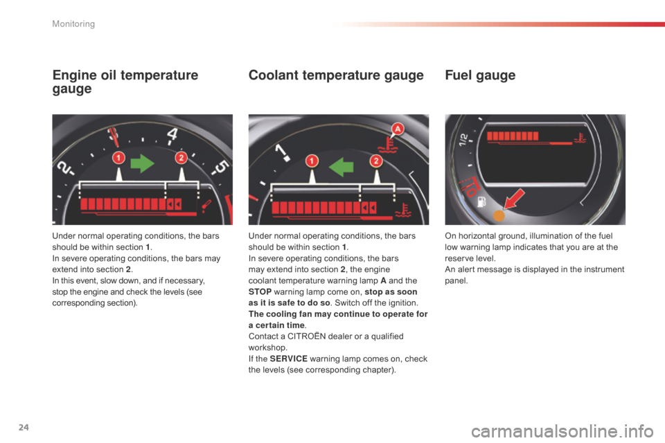 Citroen C5 RHD 2014.5 (RD/TD) / 2.G Owners Manual 24
Engine oil temperature 
gauge
Under normal operating conditions, the bars 
should be within section 1.
In severe operating conditions, the bars may 
extend into section 2 .
In this event, slow down