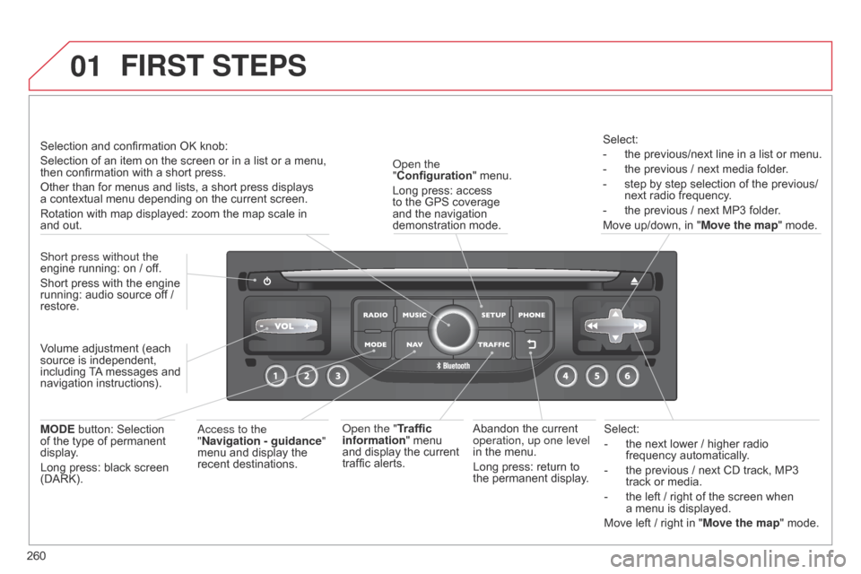 Citroen C5 RHD 2014.5 (RD/TD) / 2.G Owners Manual 01
260Select:
-
 
the next lower
   / higher radio 
frequency automatically.
-  
the previous
   / next CD track, MP3 
track or media.
-  
the left
   / right of the screen when 
a   menu is displayed