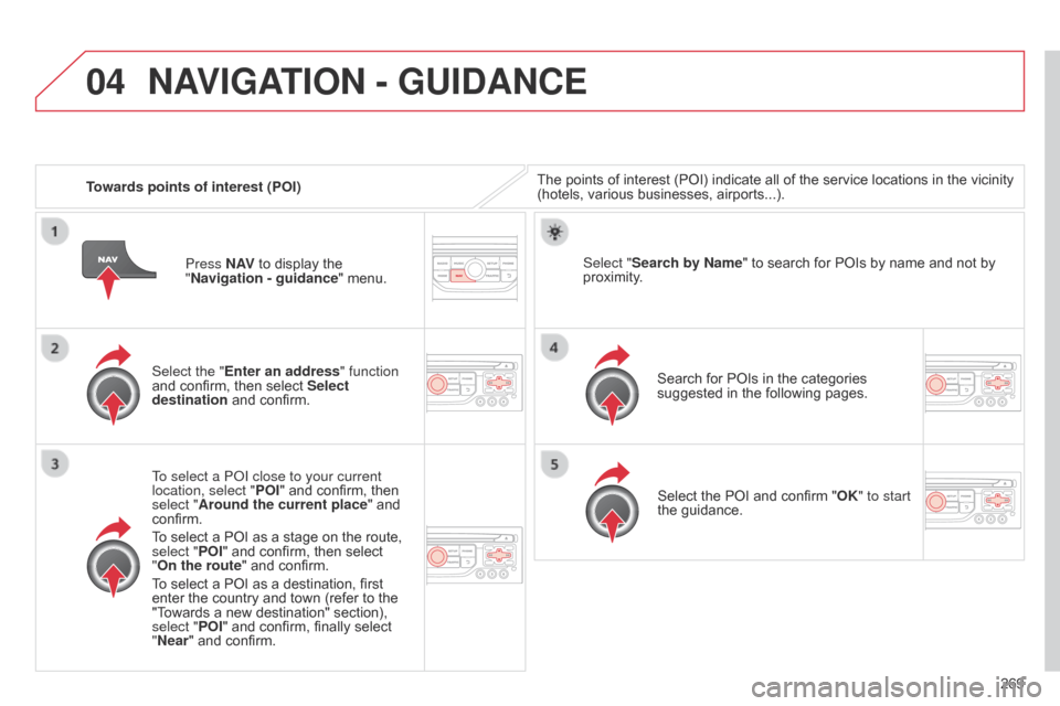 Citroen C5 RHD 2014.5 (RD/TD) / 2.G Repair Manual 04
269
Towards points of interest (POI)
The points of interest (POI) indicate all of the service locations in the vicinity
(hotels, various businesses, airports...).
Select the "Enter an address" fun Citroen C5 RHD 2014.5 (RD/TD) / 2.G Repair Manual 04
269
Towards points of interest (POI)
The points of interest (POI) indicate all of the service locations in the vicinity
(hotels, various businesses, airports...).
Select the "Enter an address" fun
